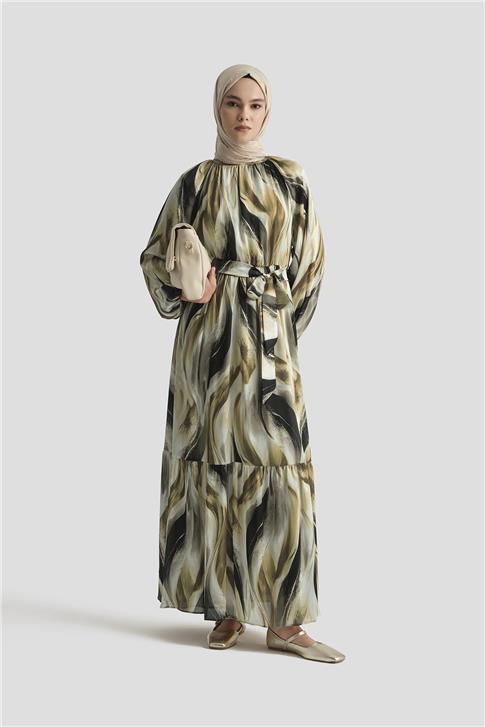 Armine Desenli Elbise 25YD4026 KAHVERENGİ