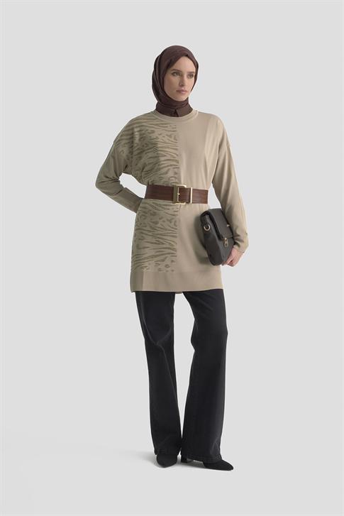 Armine Leopar Desen Triko Tunik 25KTD4116 Bej