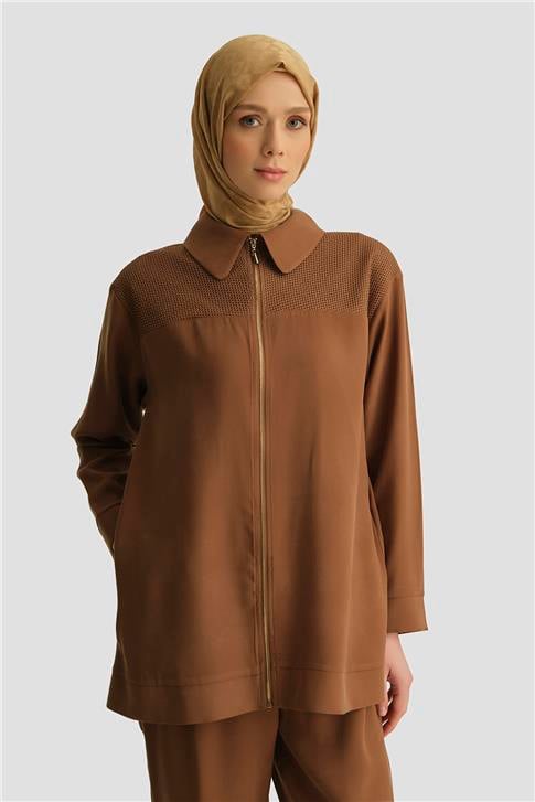 Armine File Detaylı Tencel Tunik 25YD4228-1 Kahverengi