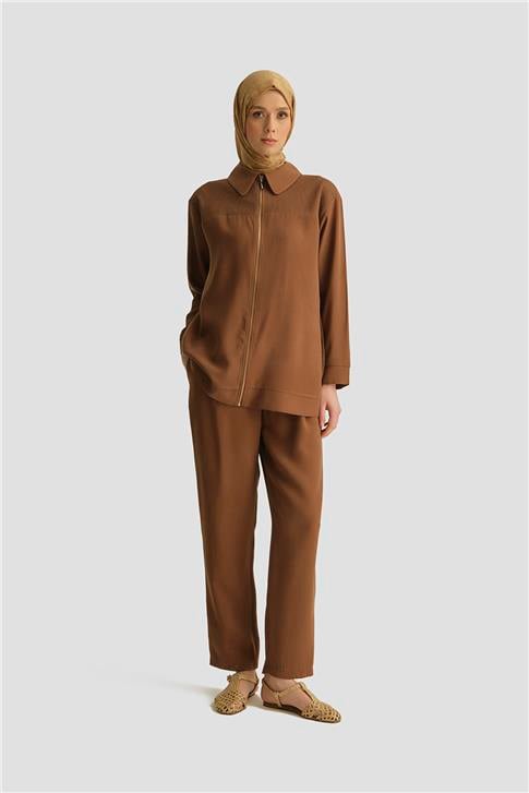 Armine File Detaylı Tencel Tunik 25YD4228-1 Kahverengi