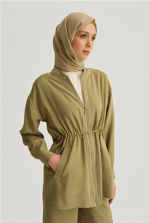 Armine Beli Büzgülü Trok Detaylı Tencel Ceket 25YD4229-1 Haki