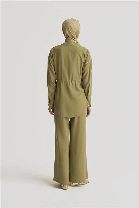 Armine Beli Büzgülü Trok Detaylı Tencel Ceket 25YD4229-1 Haki