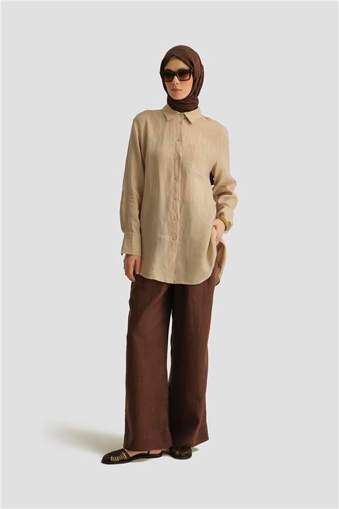Armine Keten Palazzo Pantolon 25YD4231-2 Acı Kahve