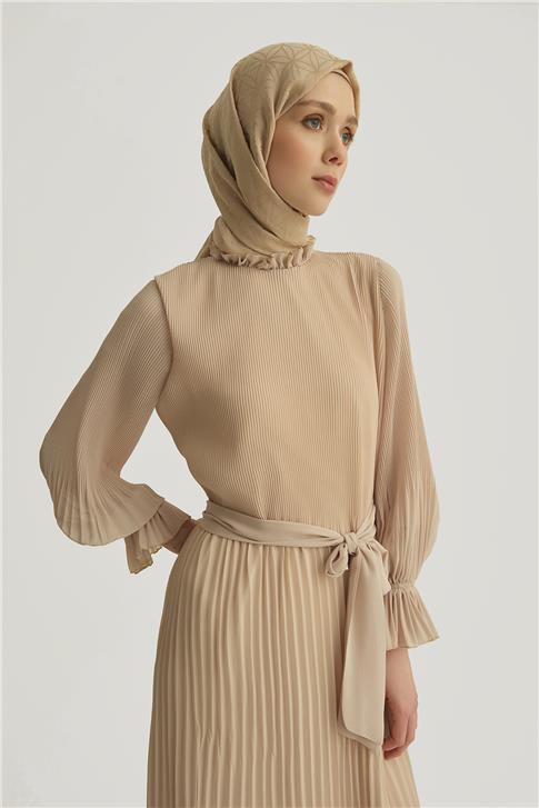 Armine Piliseli Elbise 25YD4235 Bej