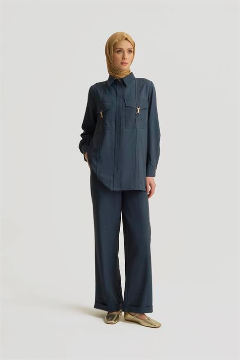 Armine Paçası Katlı Palazzo Pantolon 25YD4241-2 İndigo