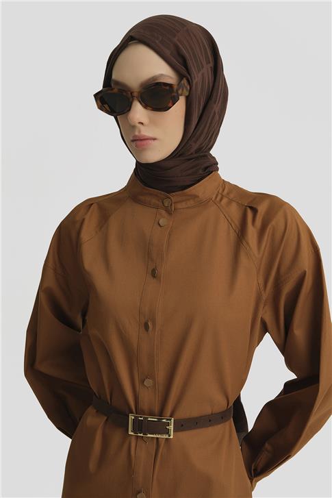 Armine Kolu Pileli Hakim Yaka Tunik 25Y4612 Taba