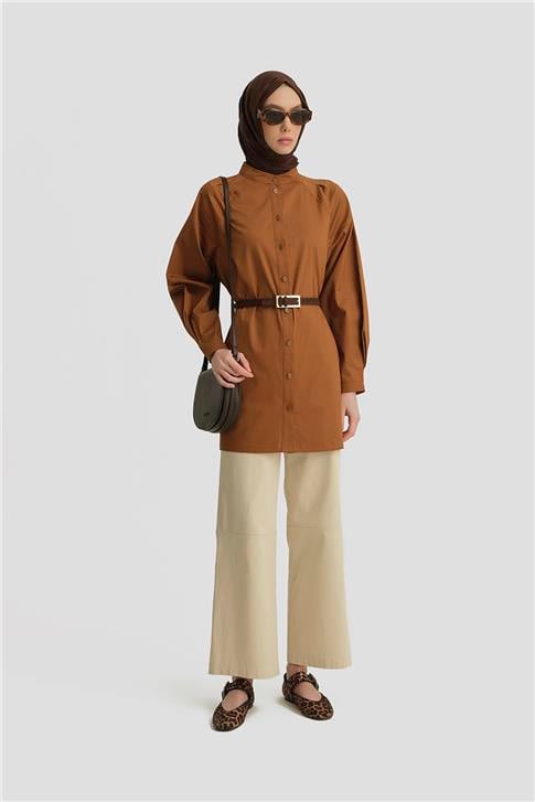 Armine Kolu Pileli Hakim Yaka Tunik 25Y4612 Taba