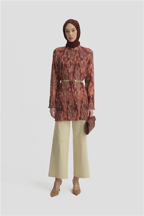 Armine Desenli ve Pliseli Tunik 25Y4614 Koyu Kırmızı