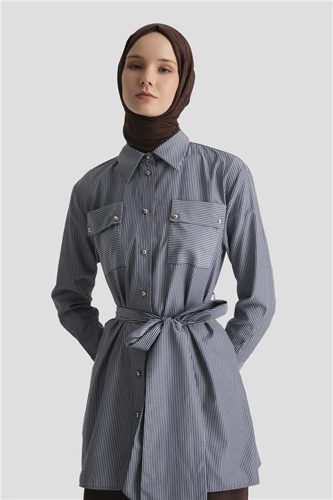 Armine Kuşaklı Çizgili Tunik 25Y4618 Lacivert
