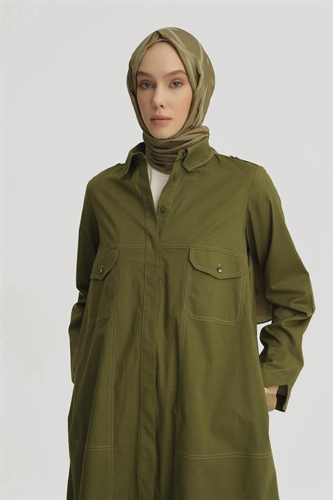 Armine Kontrast Dikişli Pamuk Tunik Elbise 25Y4705 Yeşil
