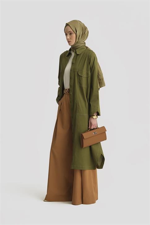 Armine Kontrast Dikişli Pamuk Tunik Elbise 25Y4705 Yeşil