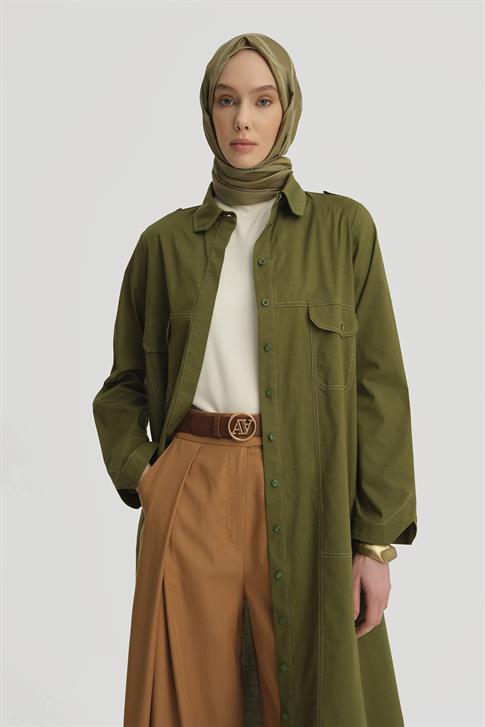 Armine Kontrast Dikişli Pamuk Tunik Elbise 25Y4705 Yeşil