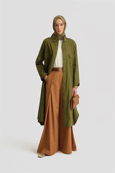 Armine Kontrast Dikişli Pamuk Tunik Elbise 25Y4705 Yeşil