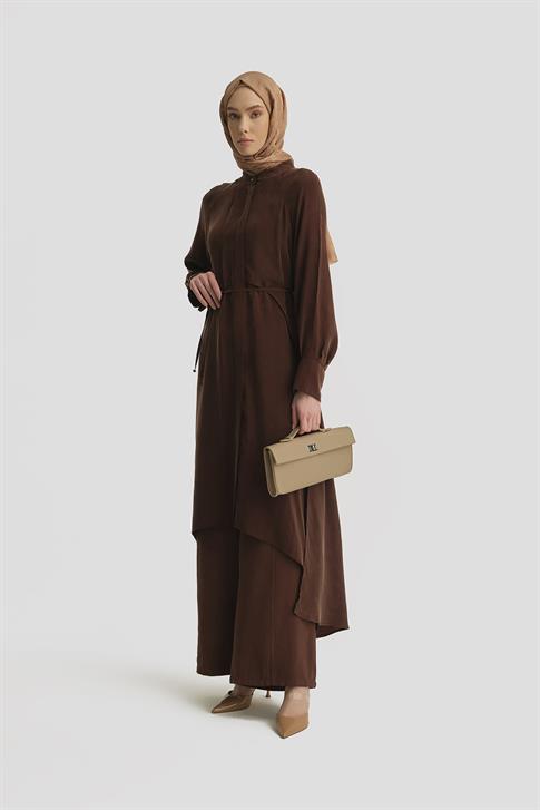 Armine Asimetrik Allerli Cupra Tunik Elbise 25Y4706 Kahverengi
