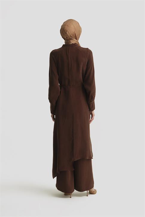 Armine Asimetrik Allerli Cupra Tunik Elbise 25Y4706 Kahverengi
