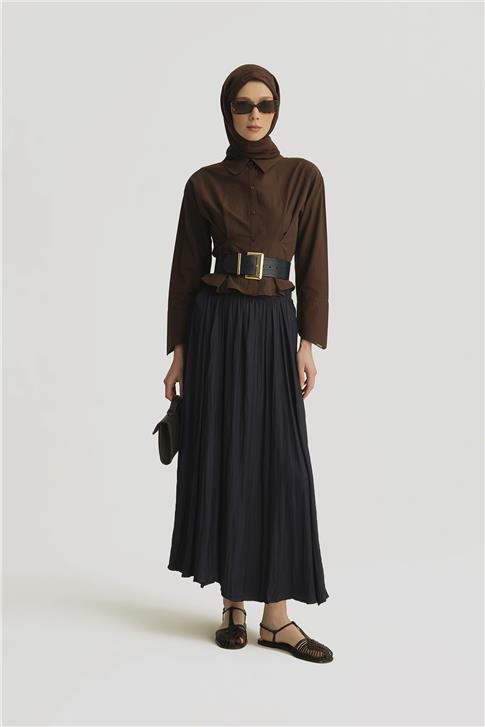 Armine Kırışık Saten Etek  25YH5601 LACİVERT