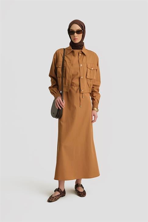 Armine İçi Elbiseli Bomber Ceketli Tencel Takım 25Y6001 Taba