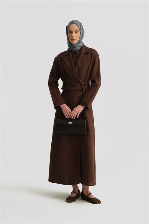 Armine Kruvaze Detaylı Keten Takım 25Y6011 Kahverengi