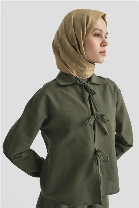 Armine Fiyonk detaylı 3lü Keten Takım 25Y6049 Haki