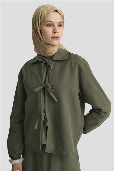 Armine Fiyonk detaylı 3lü Keten Takım 25Y6049 Haki