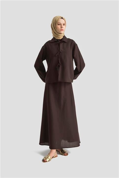 Armine Fiyonk detaylı 3lü Keten Takım 25Y6049 Kakao