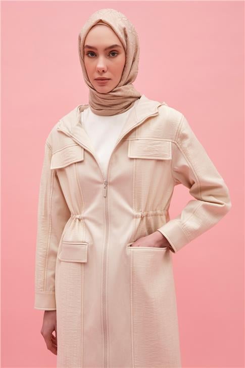 Armine Kapüşonlu Garnili Beli Bağcıklı Kap 25Y7812 Naturel