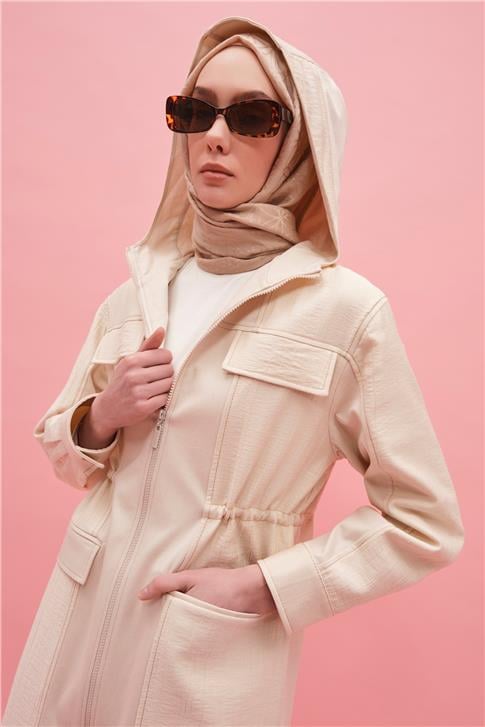 Armine Kapüşonlu Garnili Beli Bağcıklı Kap 25Y7812 Naturel