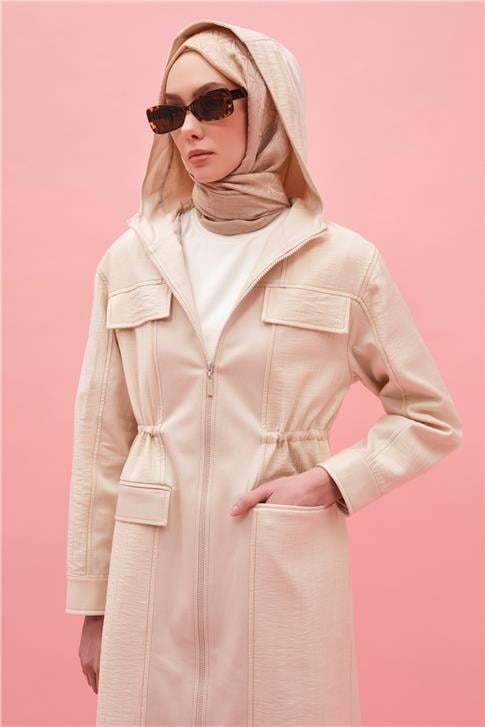 Armine Kapüşonlu Garnili Beli Bağcıklı Kap 25Y7812 Naturel