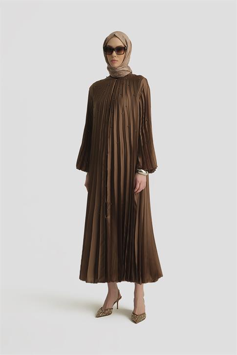 Armine Taş İşlemeli Piliseli Abaya 25Y8302 Açık Kahve