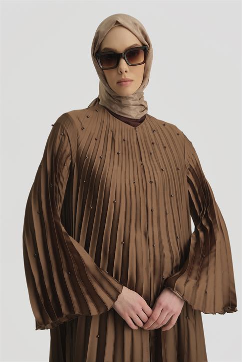 Armine Taş İşlemeli Piliseli Abaya 25Y8302 Açık Kahve