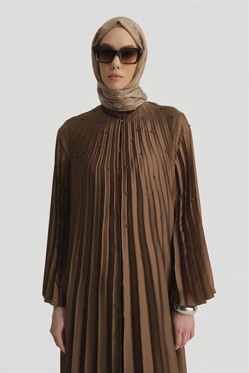 Armine Taş İşlemeli Piliseli Abaya 25Y8302 Açık Kahve