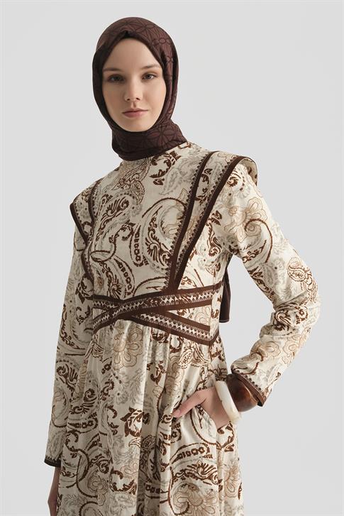 Armine Etnik Desenli Keten Elbise 25Y9008 Kahverengi