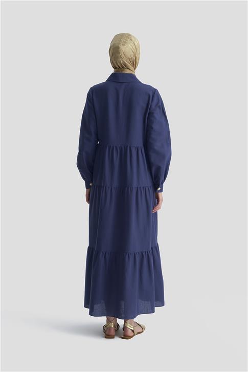 Armine Katlı Keten Elbise 25Y9012 LACİVERT