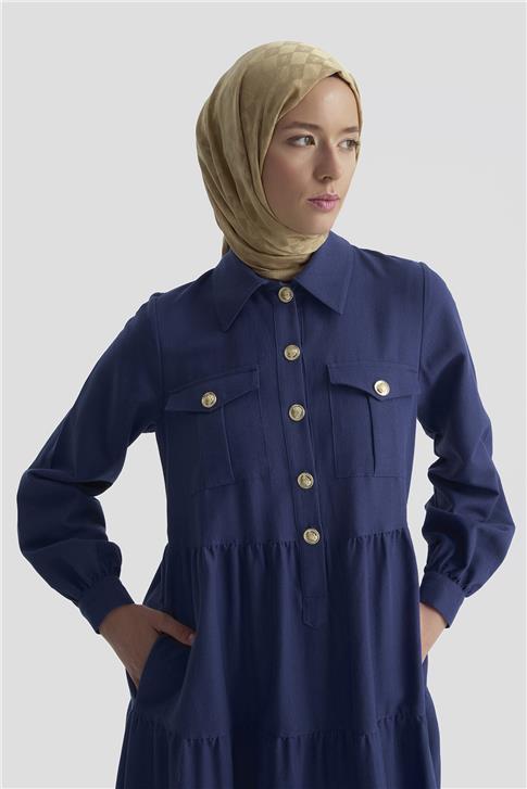 Armine Katlı Keten Elbise 25Y9012 LACİVERT