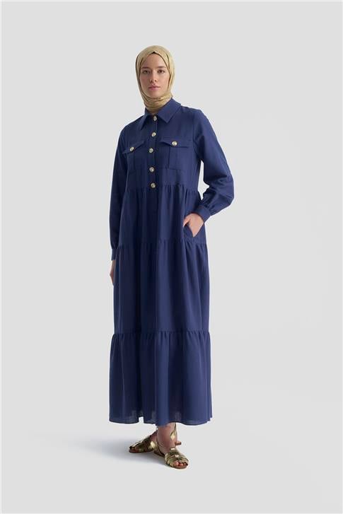 Armine Katlı Keten Elbise 25Y9012 LACİVERT
