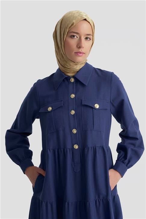 Armine Katlı Keten Elbise 25Y9012 LACİVERT