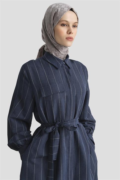 Armine Çizgili Keten Elbise 25Y9019 LACİVERT