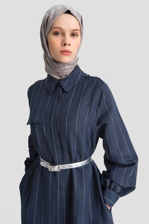 Armine Çizgili Keten Elbise 25Y9019 LACİVERT