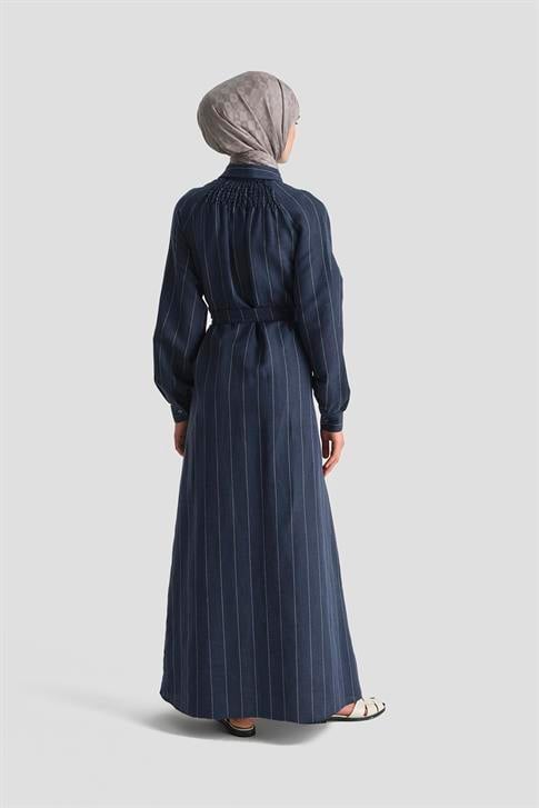 Armine Çizgili Keten Elbise 25Y9019 LACİVERT