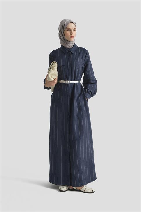 Armine Çizgili Keten Elbise 25Y9019 LACİVERT