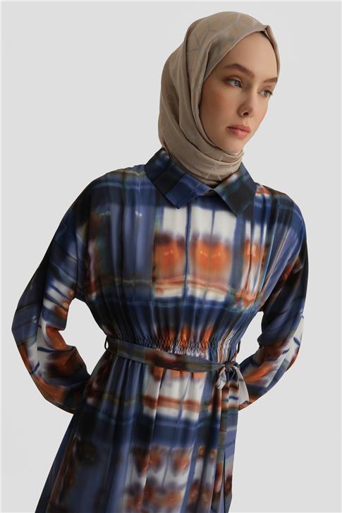 Armine Degrade Detaylı Desenli Elbise 25Y9022 Puslu Mor