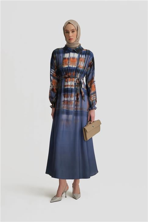 Armine Degrade Detaylı Desenli Elbise 25Y9022 Puslu Mor