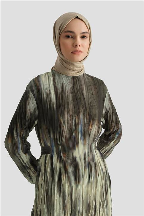 Armine Batik Desen Kraşlı Elbise 25Y9032 Haki