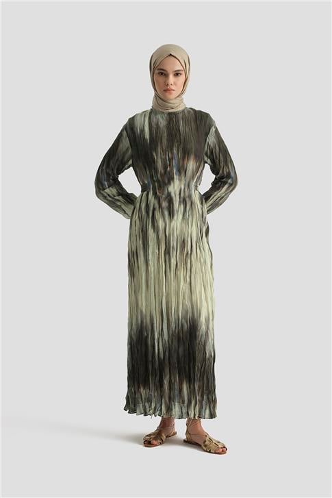 Armine Batik Desen Kraşlı Elbise 25Y9032 Haki