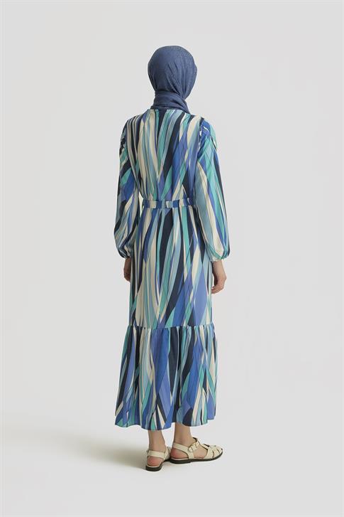 Armine Desenli Elbise 25YT909 Mavi