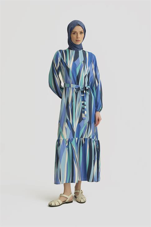 Armine Desenli Elbise 25YT909 Mavi