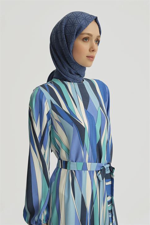 Armine Desenli Elbise 25YT909 Mavi