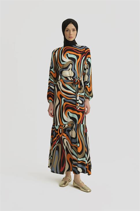 Armine Desenli Elbise 25YT909 İndigo