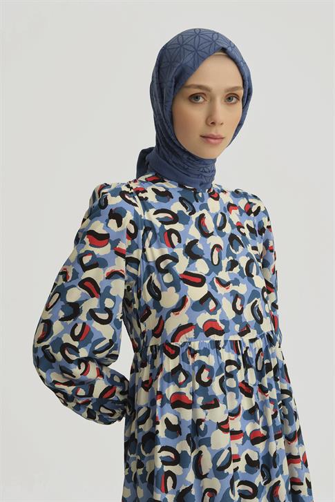 Armine Şal Desenli Elbise 25YT914 Mavi