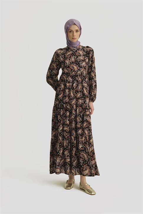 Armine Şal Desenli Elbise 25YT914 Siyah